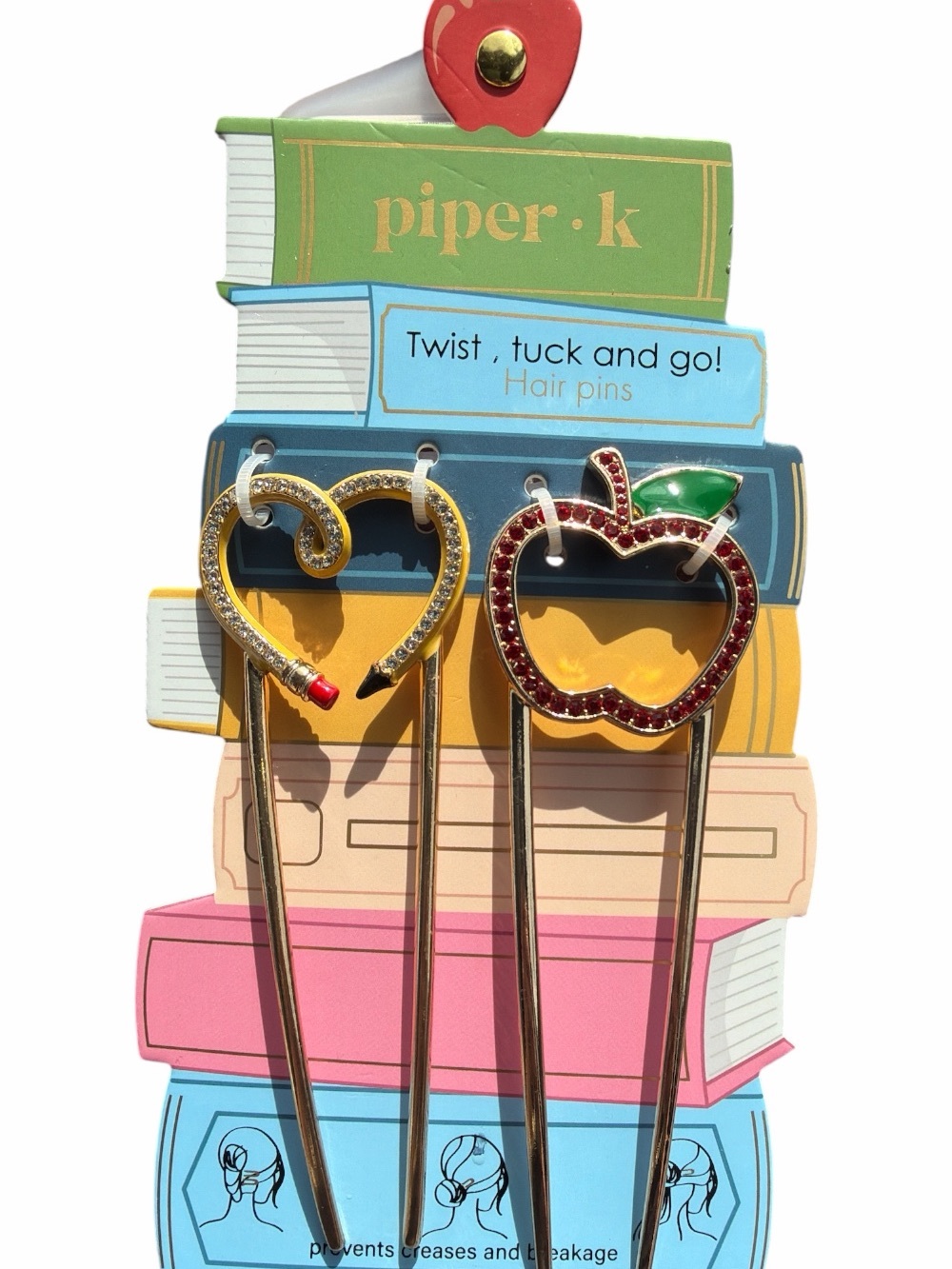 Set of 2 Teacher Themed Piper K  Tuck Twist & Go Hair Pins Apple & Pencil